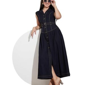 Miss Chase Womens Notched-Collar Sleeveless Waist Maxi-Length Light Weight Denim Shirt Dress